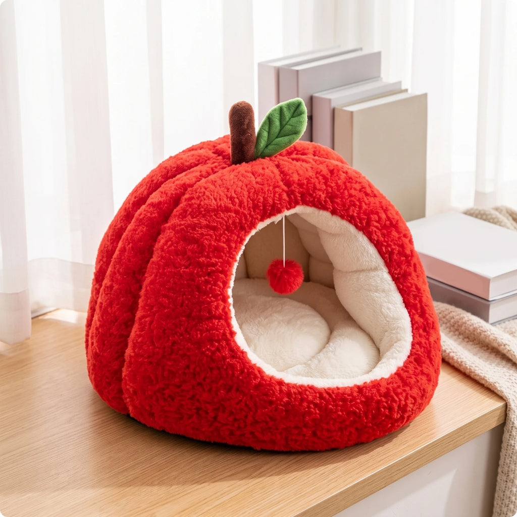 🍎 Lit Pomme Douillet pour Chat & Petit Chien – Maison Cocooning avec Coussin Amovible