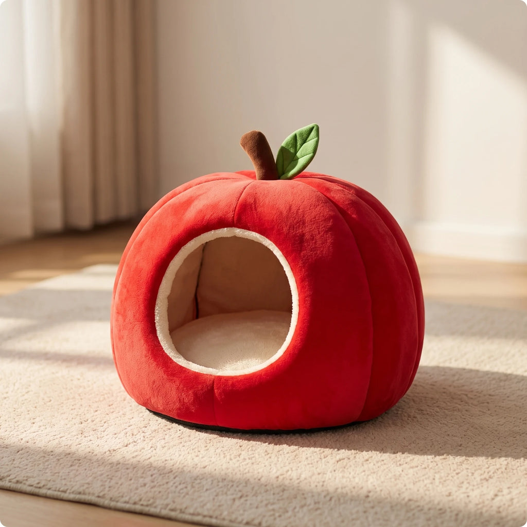 🍎 Lit Pomme Douillet pour Chat & Petit Chien – Maison Cocooning avec Coussin Amovible