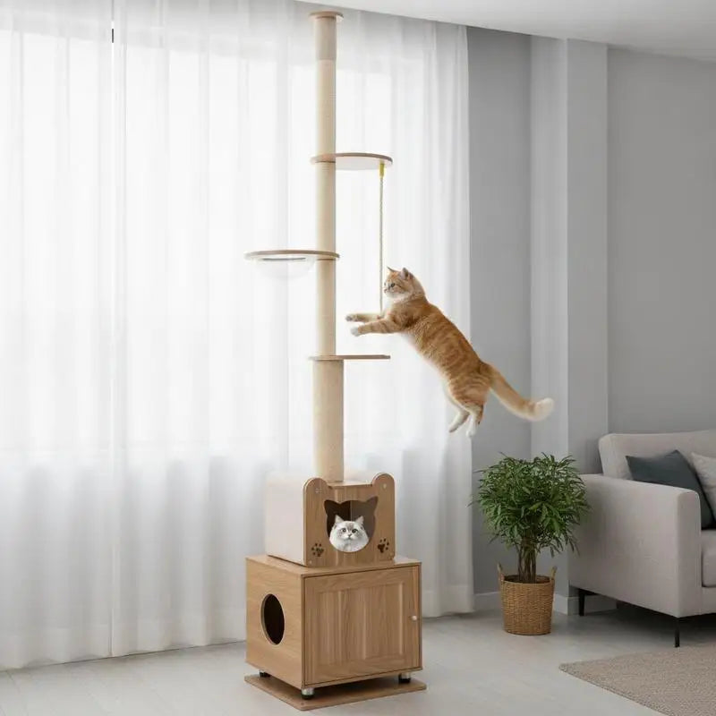 🐱 Arbre à Chat 101" du Sol au Plafond – Tour Réglable avec Enclos & Aire de Jeu