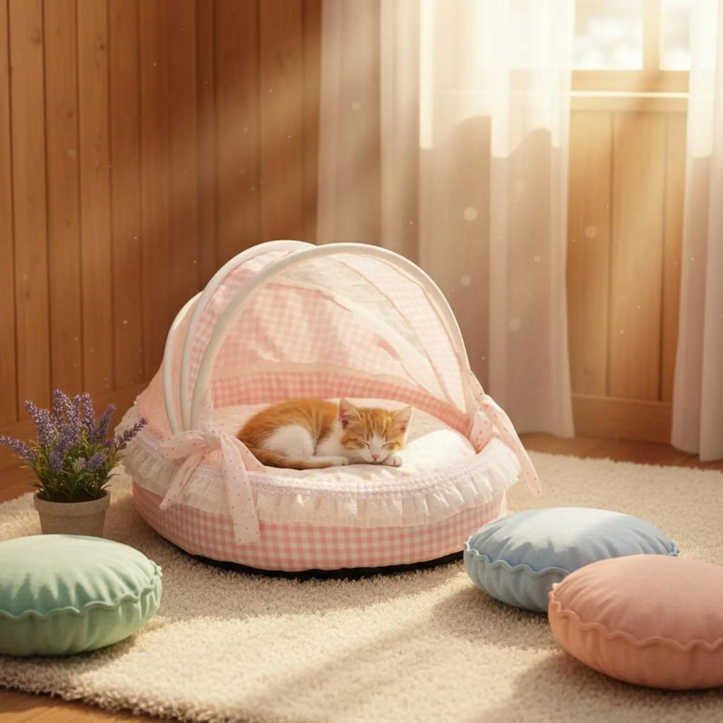 Lit Princesse pour Chat – Nid Douillet Semi-Fermé avec Bordure en Dentelle