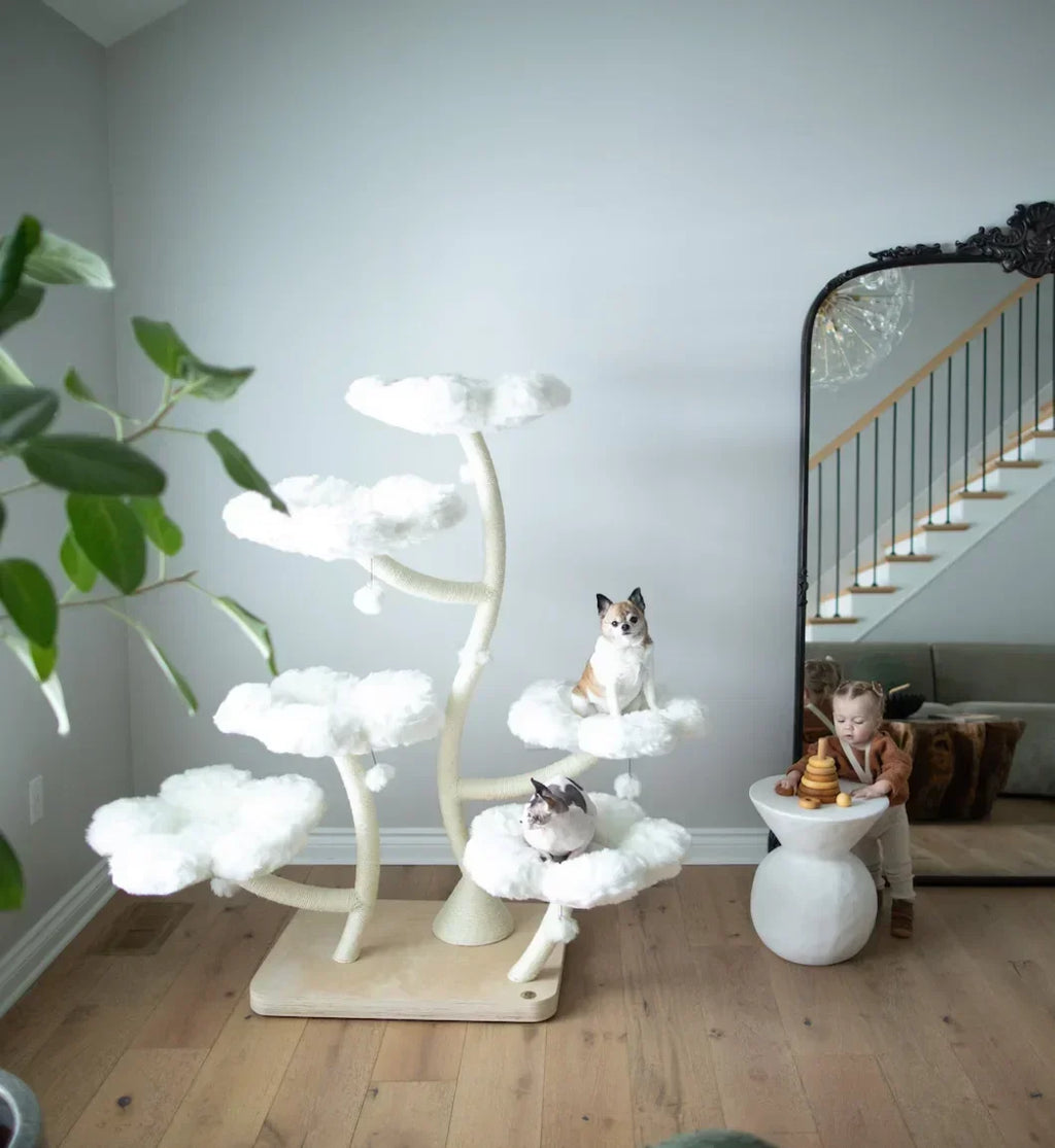 Arbre à Chat en Bois – Tour Moderne avec Plateformes, Condo & Design Floral