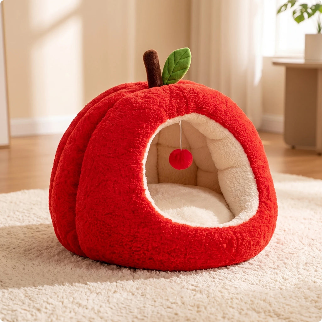 🍎 Lit Pomme Douillet pour Chat & Petit Chien – Maison Cocooning avec Coussin Amovible