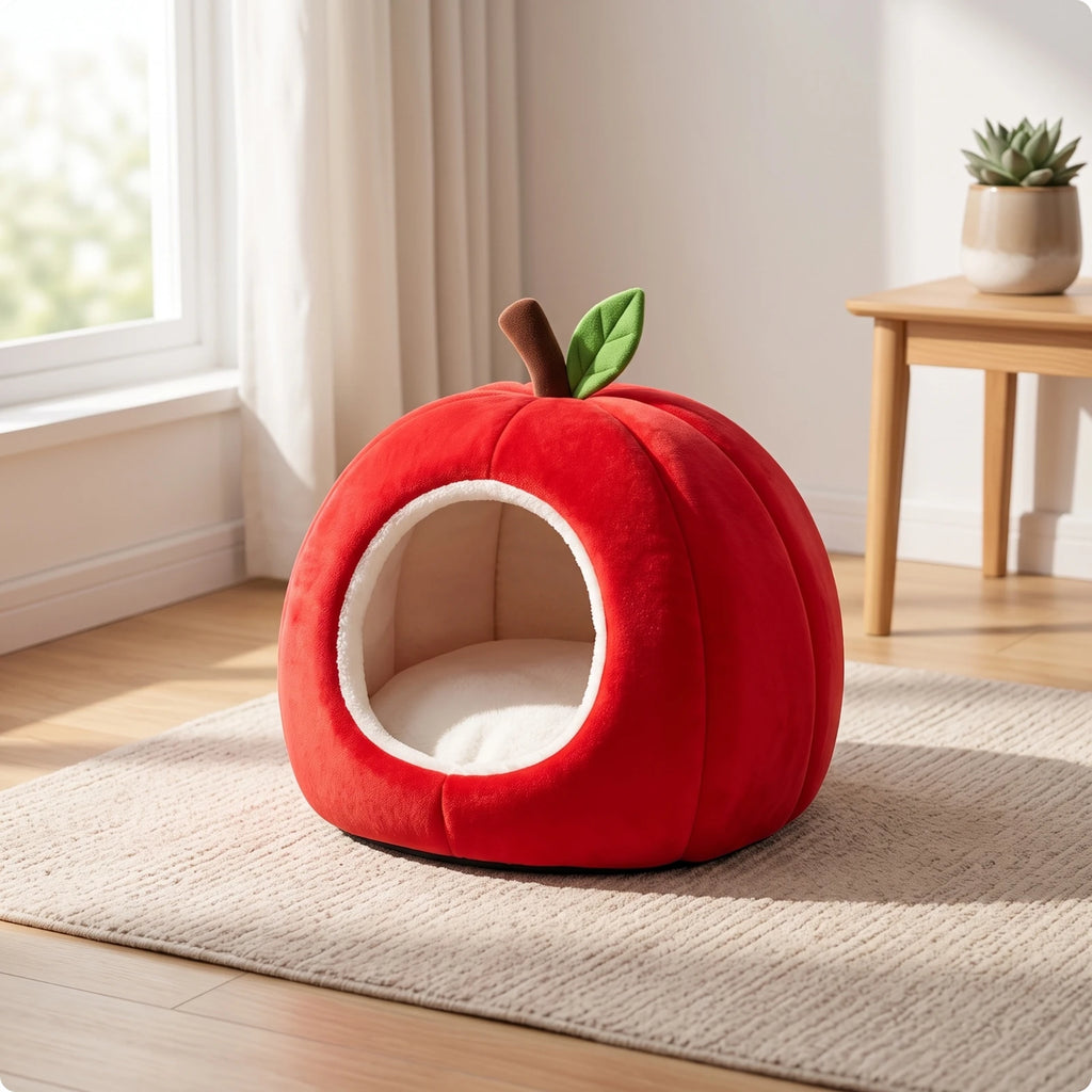 🍎 Lit Pomme Douillet pour Chat & Petit Chien – Maison Cocooning avec Coussin Amovible