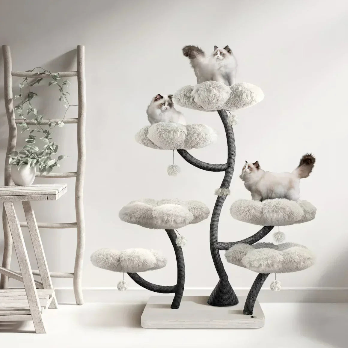 Arbre à Chat en Bois – Tour Moderne avec Plateformes, Condo & Design Floral