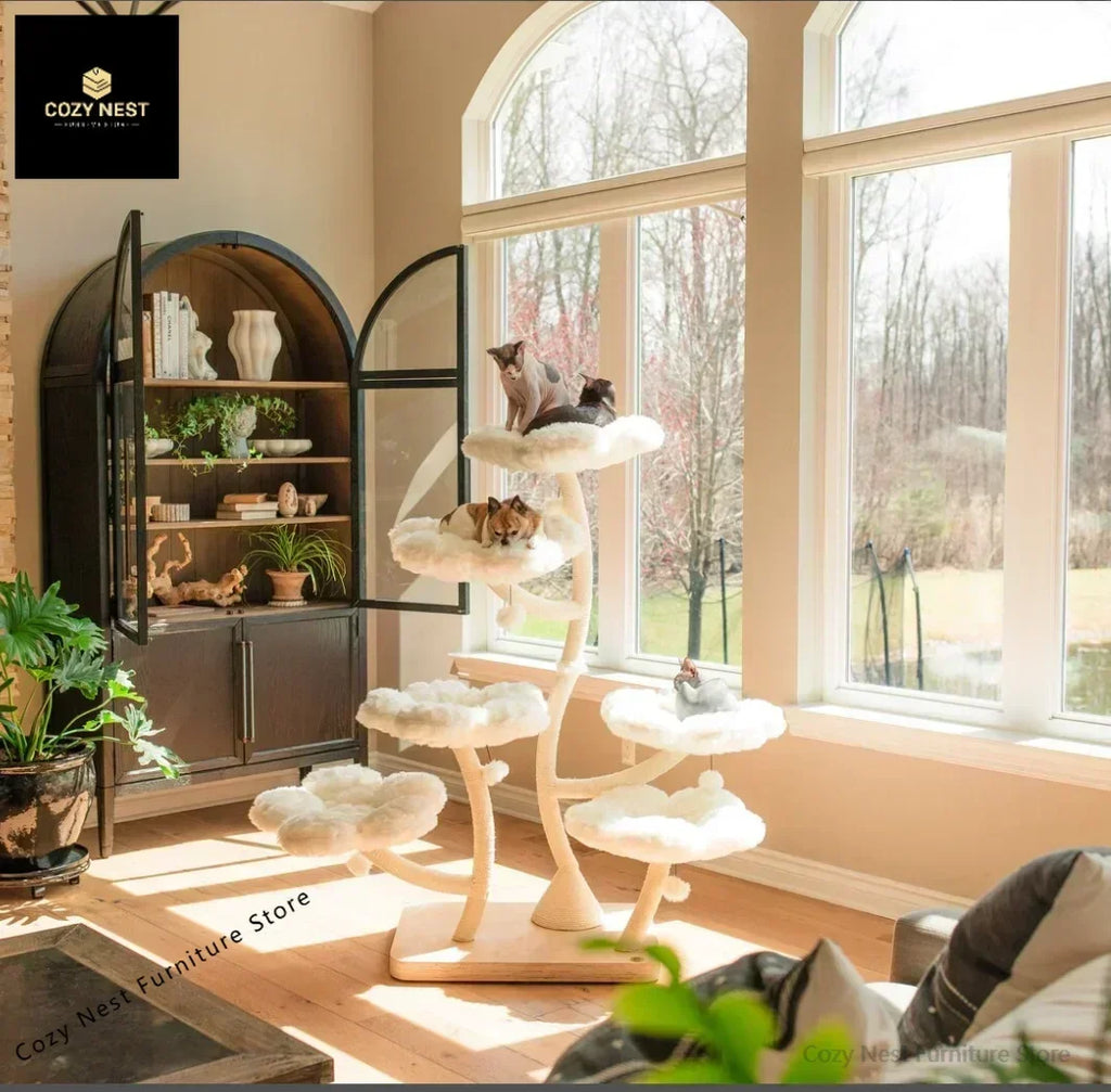 Arbre à Chat en Bois – Tour Moderne avec Plateformes, Condo & Design Floral